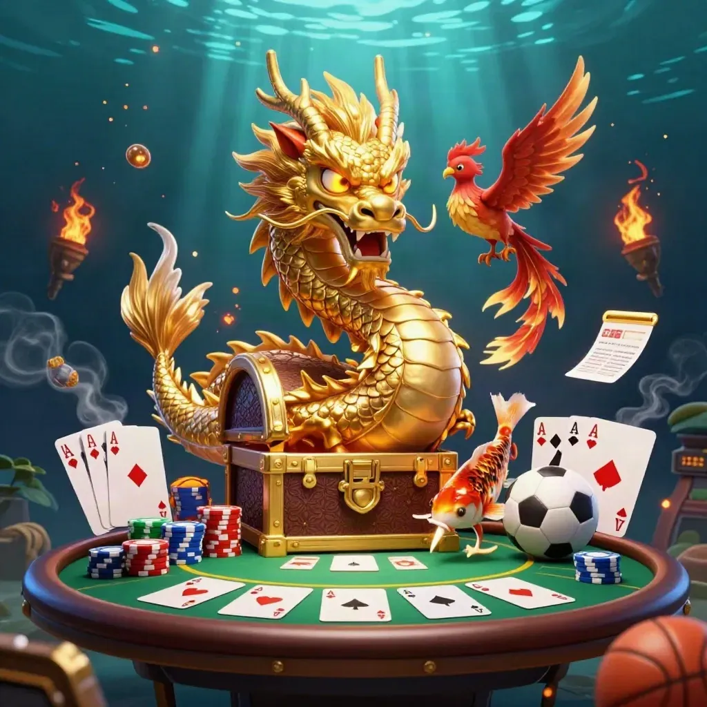 Golden dragon with phoenix and koi amid casino cards, chips, balls, and dramatic blue-gold light.