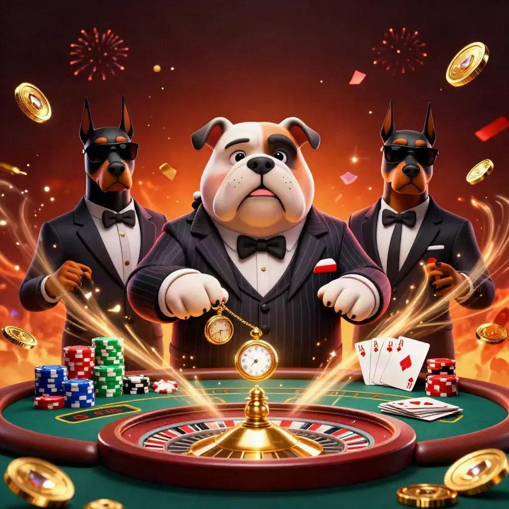 Bulldog boss and Doberman guards amid spinning roulette, chips, coins, and casino glow.