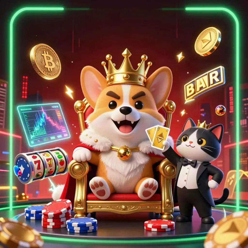 Royal corgi and cat butler amid neon crypto casino chaos, chips, lightning, and golden cards.