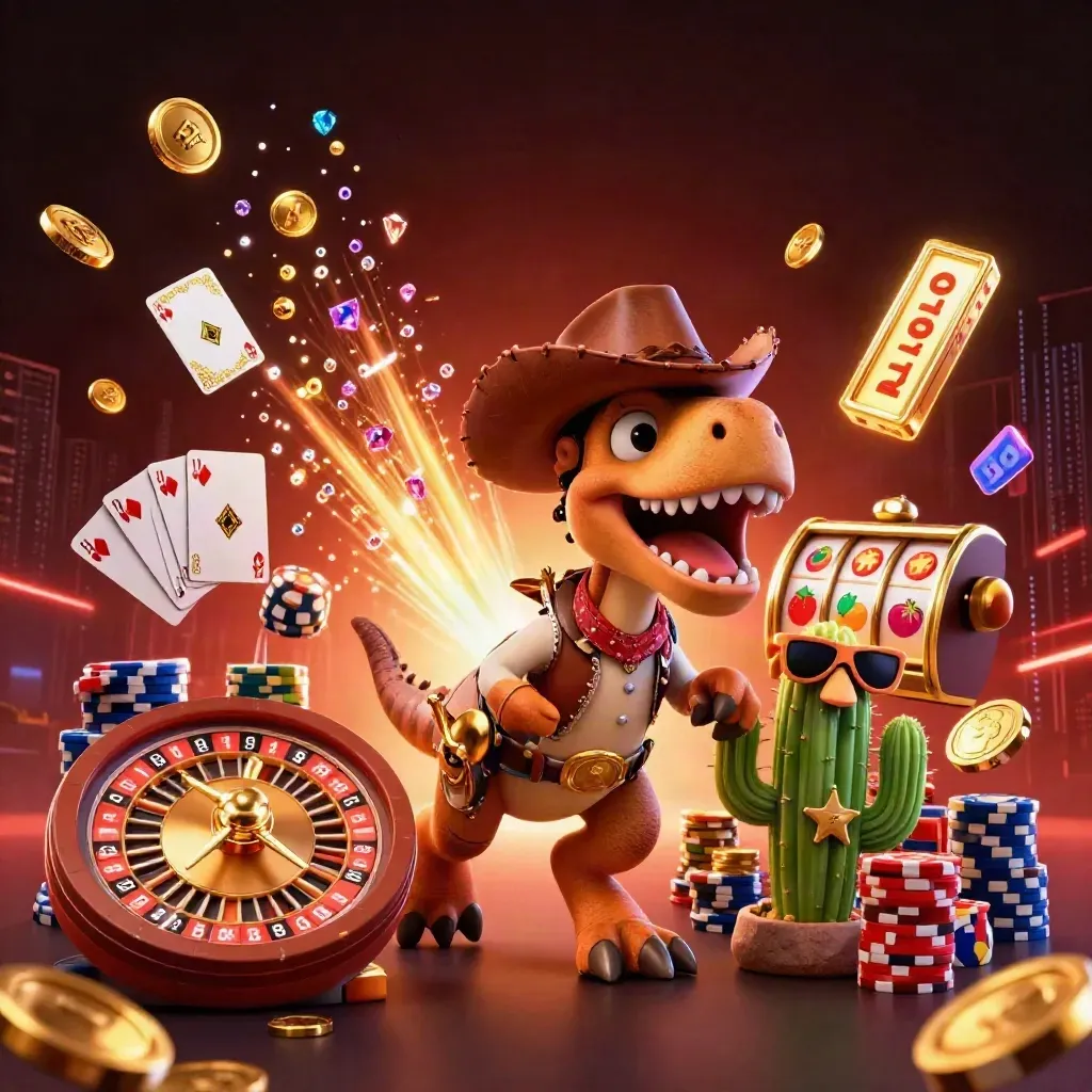Cowboy T-Rex crew amid coins, gems, roulette, cards, chips, and neon casino energy.