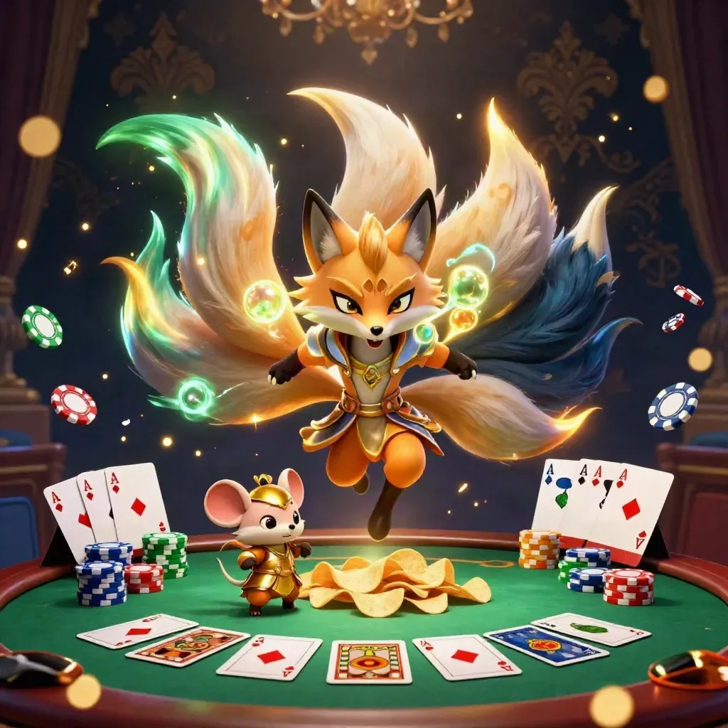 Neon fox spirit and armored samurai mouse amid casino cards, chips, and gold light.