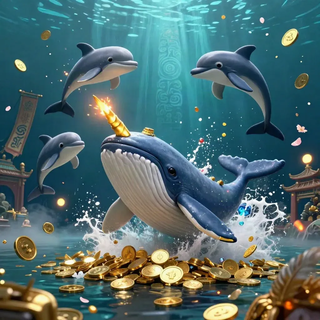 Cartoon whale captain, narwhal, and dolphins burst through coins in a glowing temple ocean scene.
