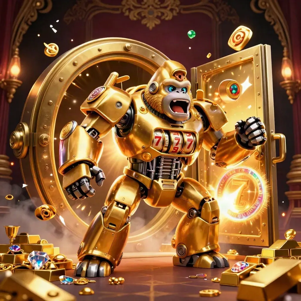 Golden gorilla mech with tiny monkey pilot bursts from a vault amid gems, gold, and casino glows