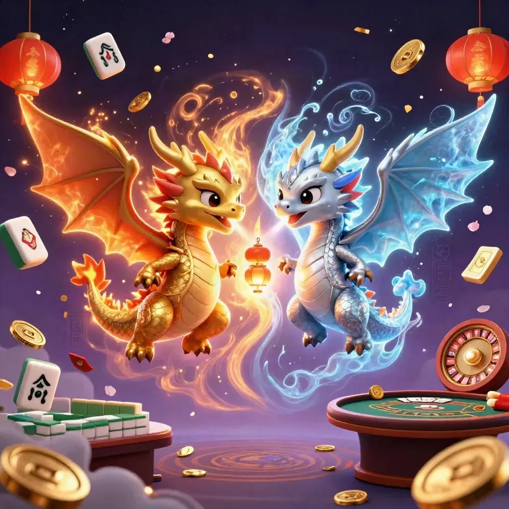 Gold and silver dragons whirl in a coin burst with lanterns, cards, fireworks, and magical casino glow.