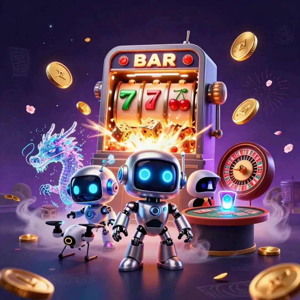 Cyberpunk robot, holographic dragon, and coin drone amid slot jackpots, gold coins, and fireworks.