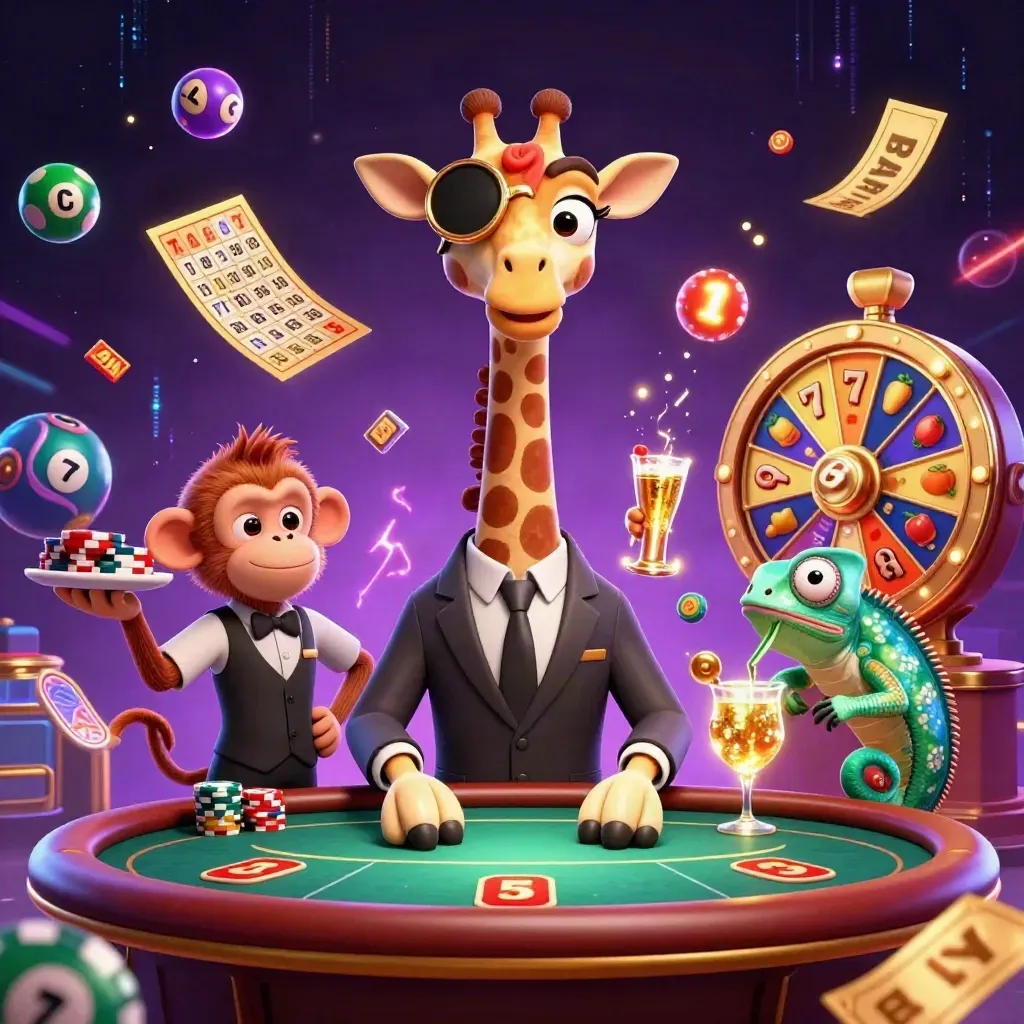 Giraffe, monkey, and chameleon at a neon VIP poker table with casino bursts