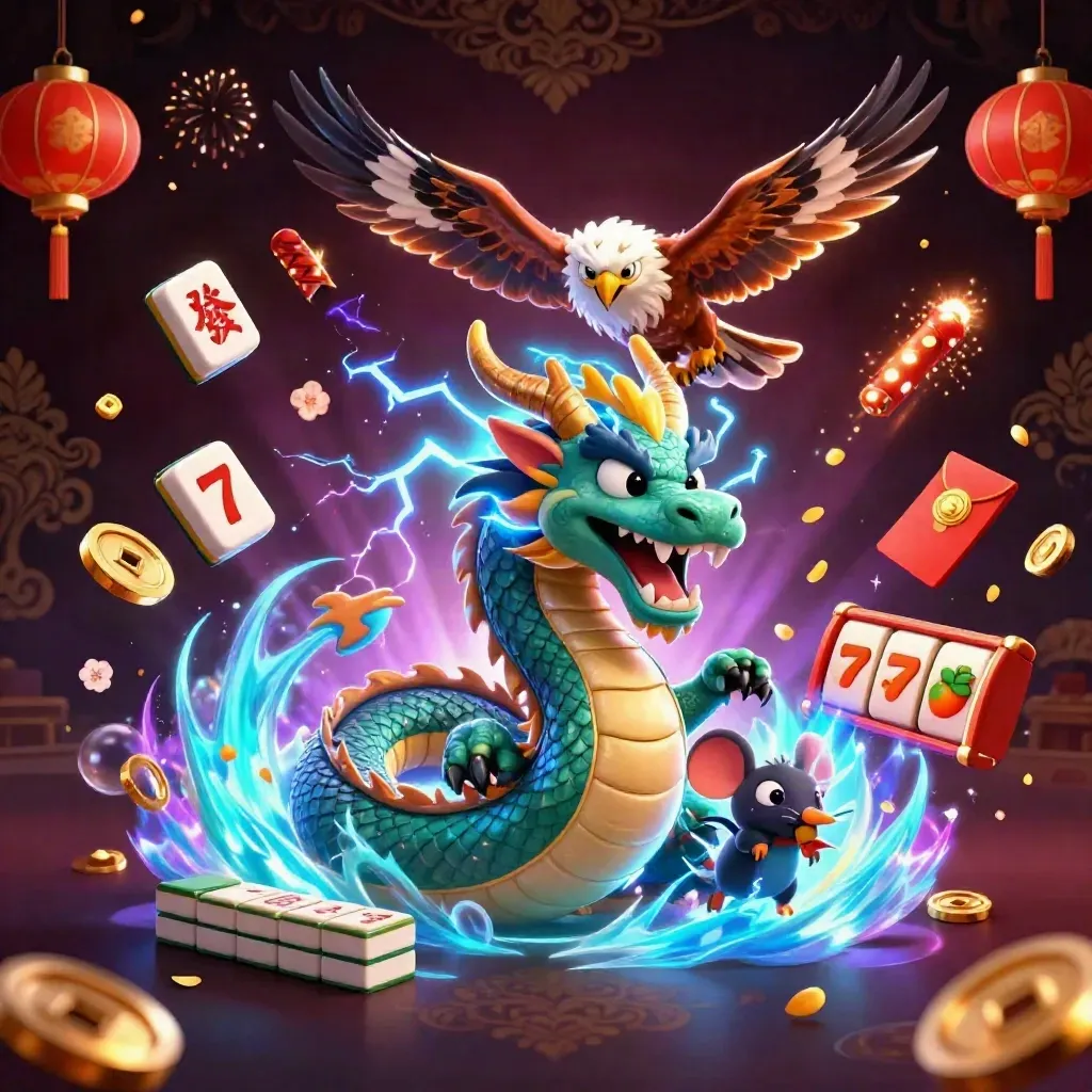 Thunder dragon, hawk, and static mouse amid casino symbols on a dark gold damask backdrop.
