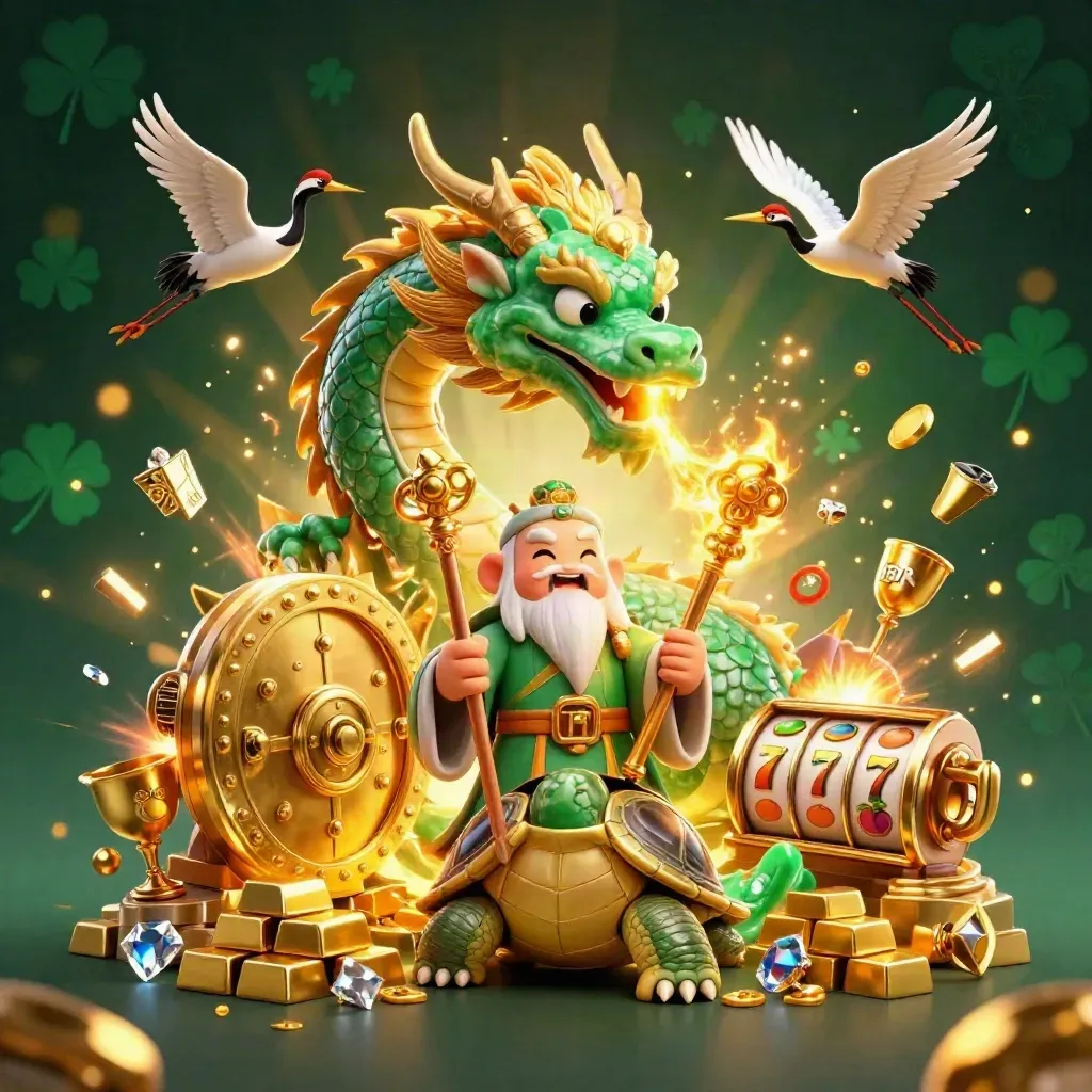 Emerald dragon, turtle sage, and cranes amid jackpot vaults, gold, gems, and glowing casino energy.
