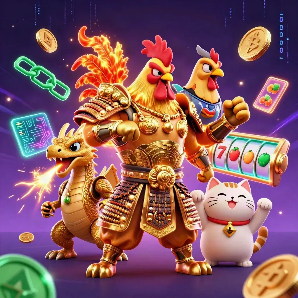 Rooster warrior, dragon hatchling, and fortune cat amid casino energy and glowing reels.