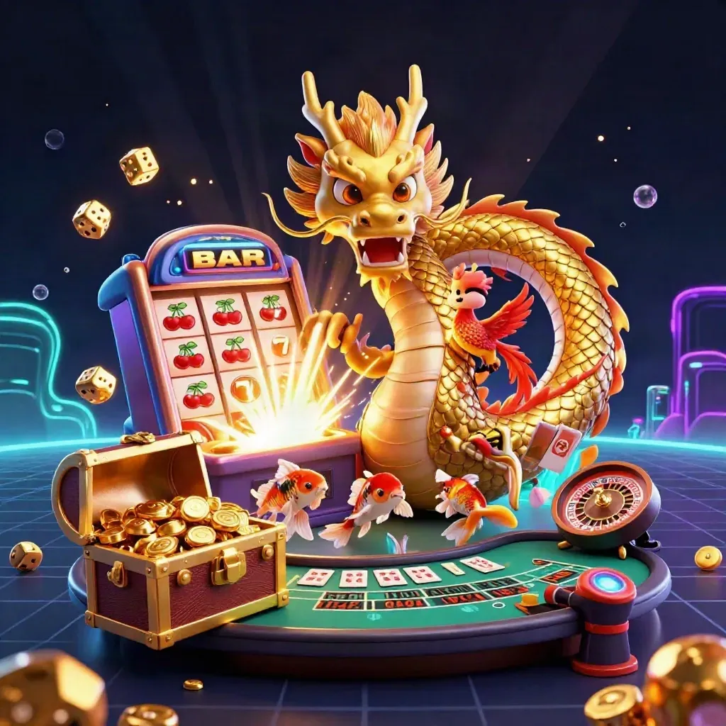 Golden dragon and phoenix by treasure, slot burst, cards, roulette, glowing casino gold and neon.