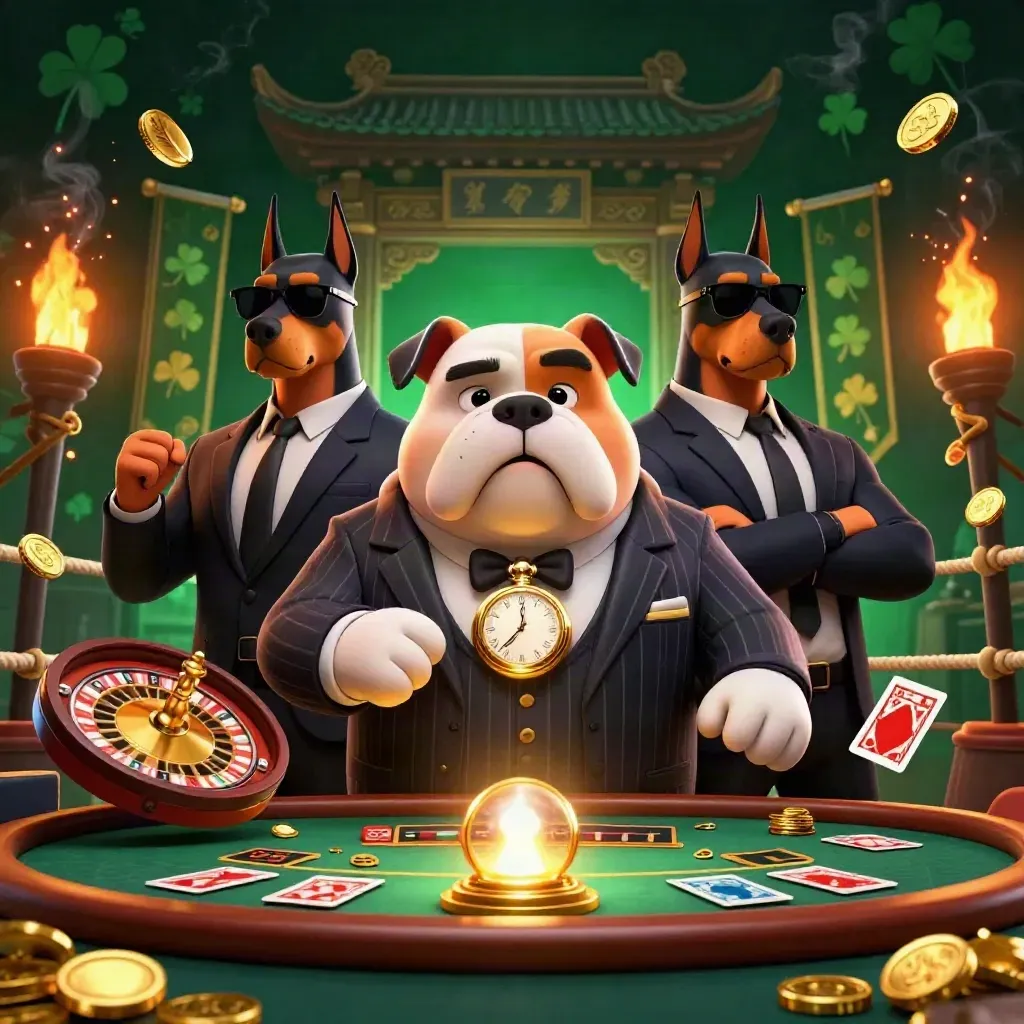 Bulldog boss with two Doberman guards amid gold sparks, roulette wheel and casino glow.