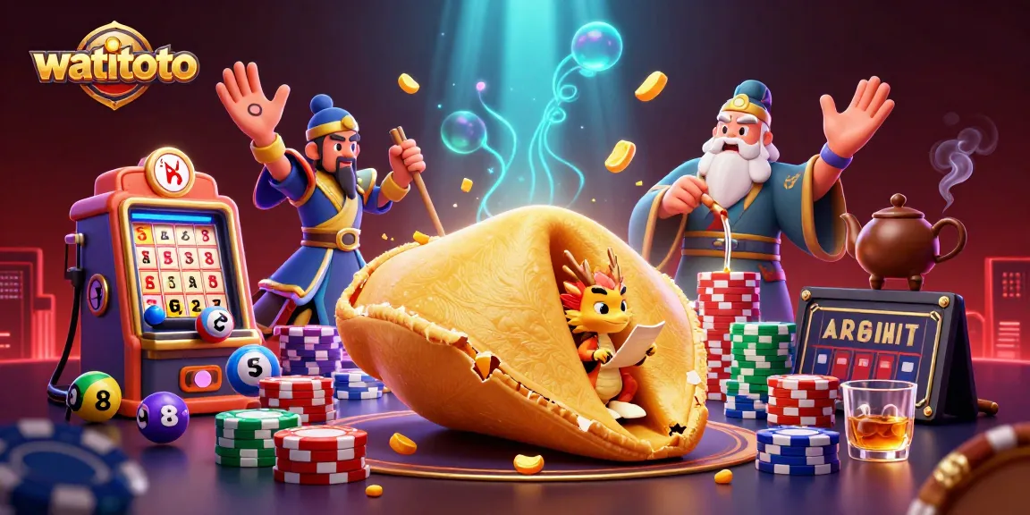 Engage with watitoto's vibrant lottery scene featuring golden fortune cookie and wise dragon.