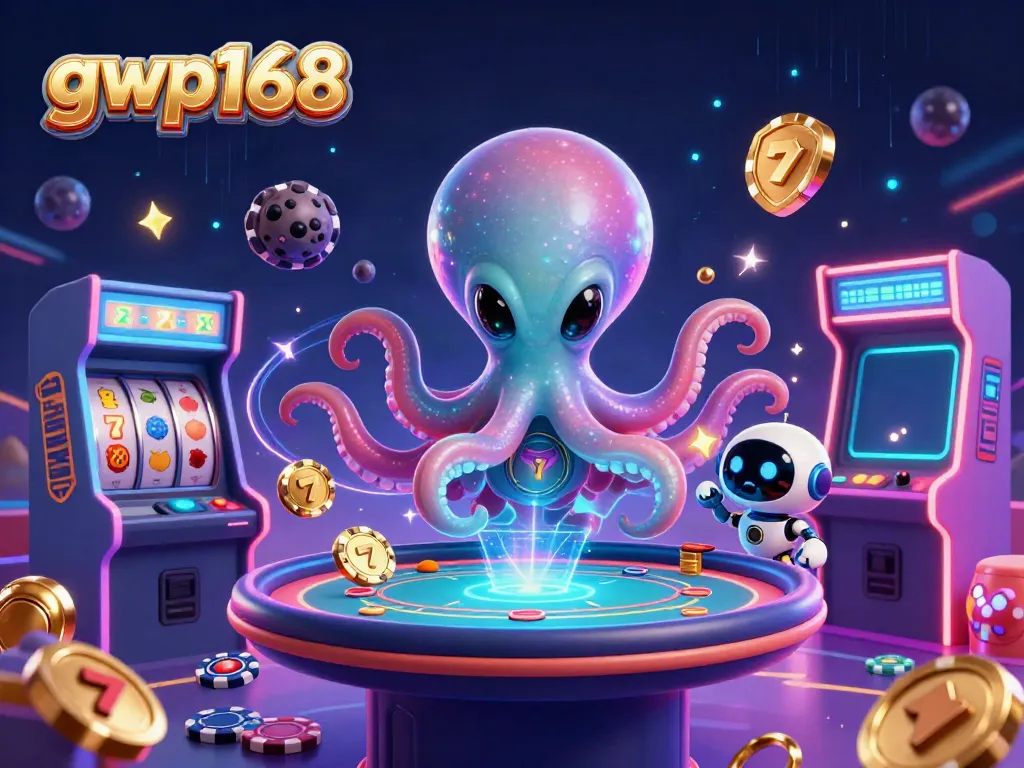 Pemain menggunakan gwp168 untuk memainkan permainan slot online dengan antusias, dikelilingi simbol dan elemen kasino.
