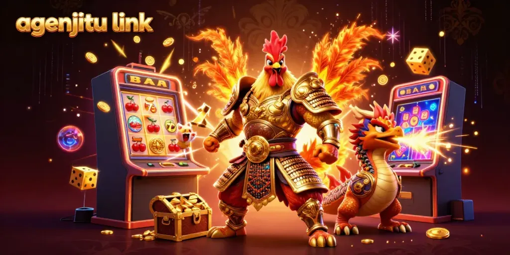 Permainan taruhan dengan agenjitu link pada gambar yang menampilkan ayam jantan pejuang dan naga bersinar.