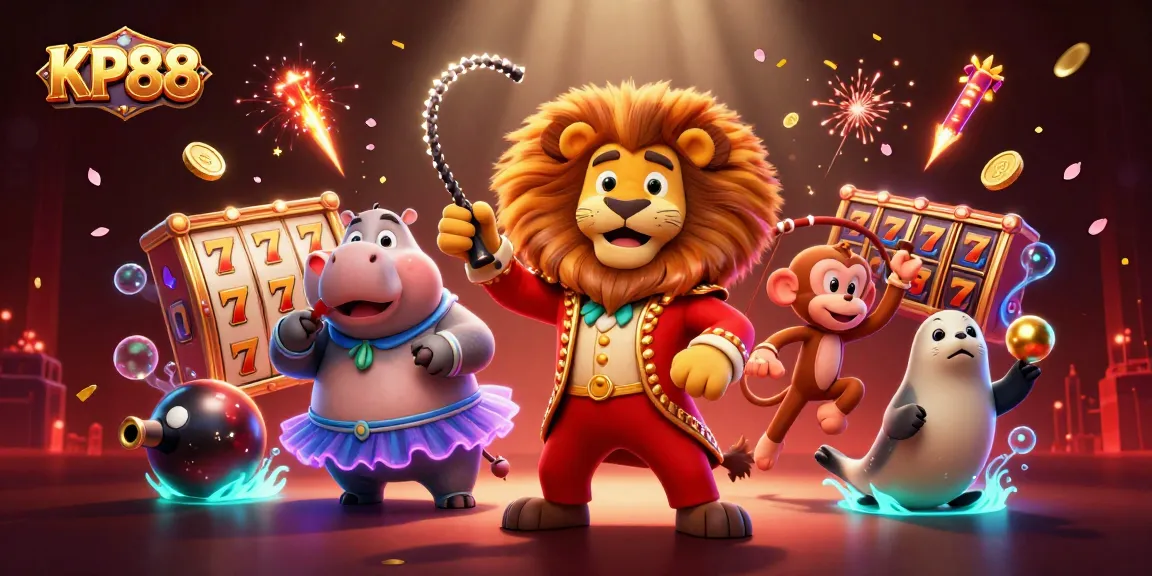 Experience KP88 in a lively casino scene with interactive characters, slot reels, and glowing effects.