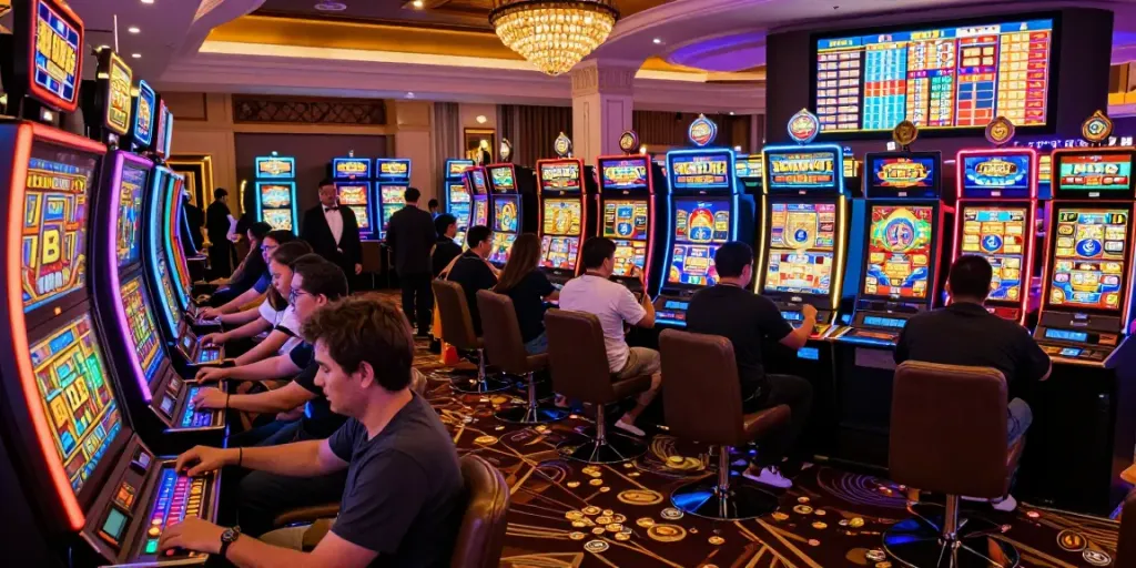 Exciting slot gacor players at vibrant casino with flashing machines and lively atmosphere.