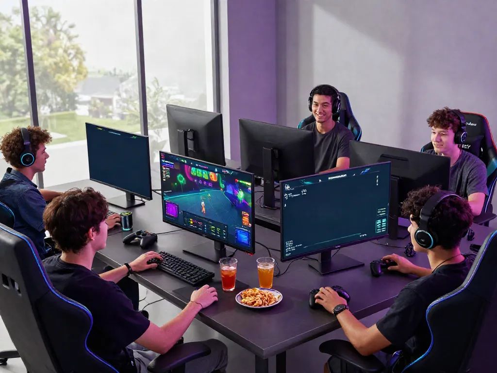 Pengalaman bermain KONEK4D x GRANDBET88 dengan teman-teman, memperlihatkan setup gaming modern dan suasana yang energik di hokkaidoryoma.com.