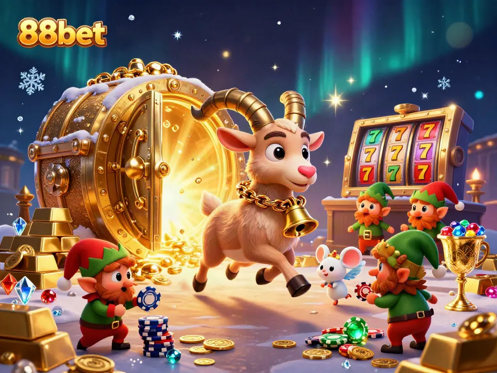 88bet offers an exciting scene with Krampus and playful characters inside a dynamic casino.