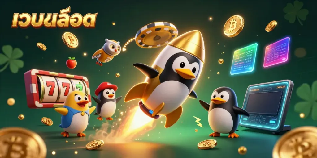 Engage with เว็บสล็อต as the golden penguin and slot elements soar through a vibrant casino space.