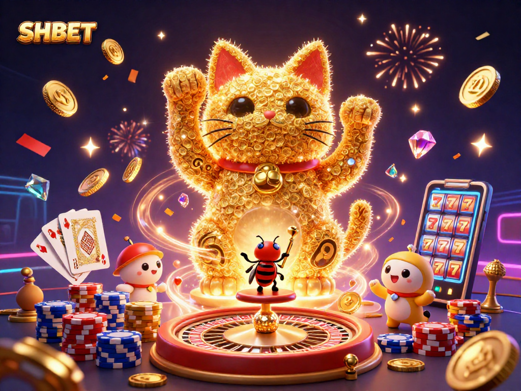 SHBET showcases a vibrant, dynamic lucky cat scene with casino symbols highlighting exciting gameplay.