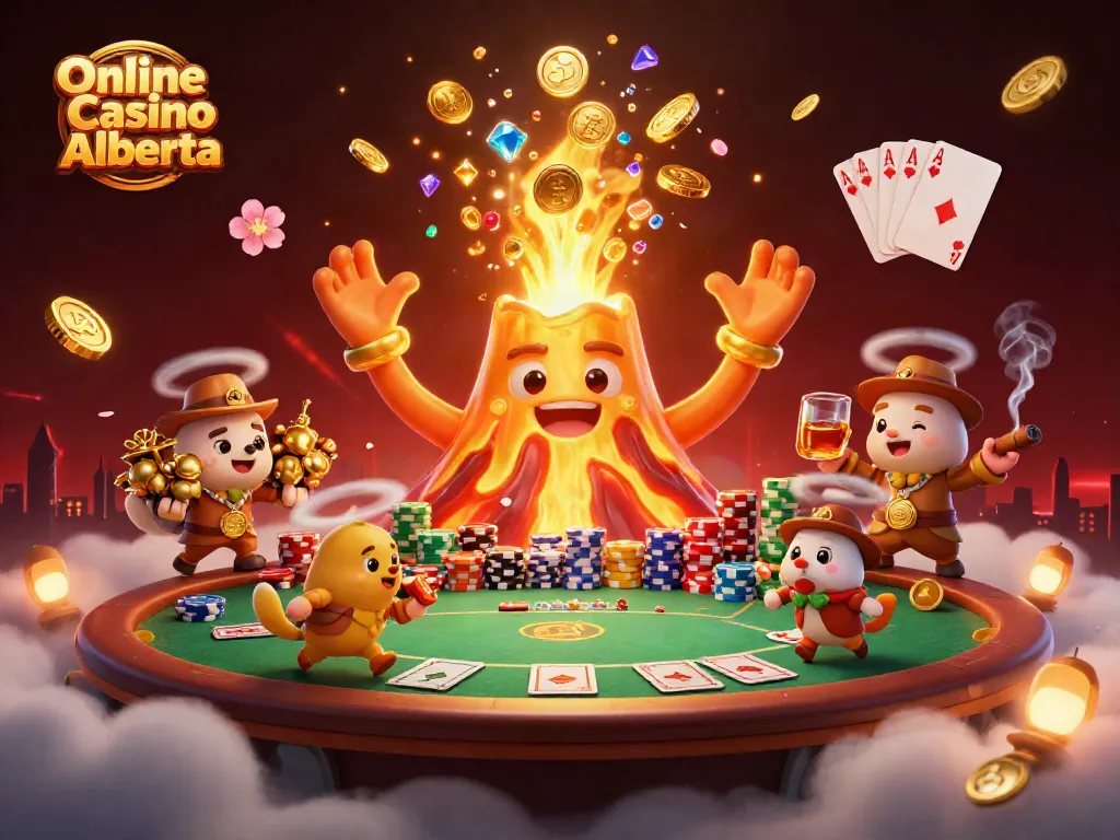 Experience thrilling action at Online Casino Alberta with this vibrant 3D illustration depicting an erupting volcano and treasure-chasing animals.