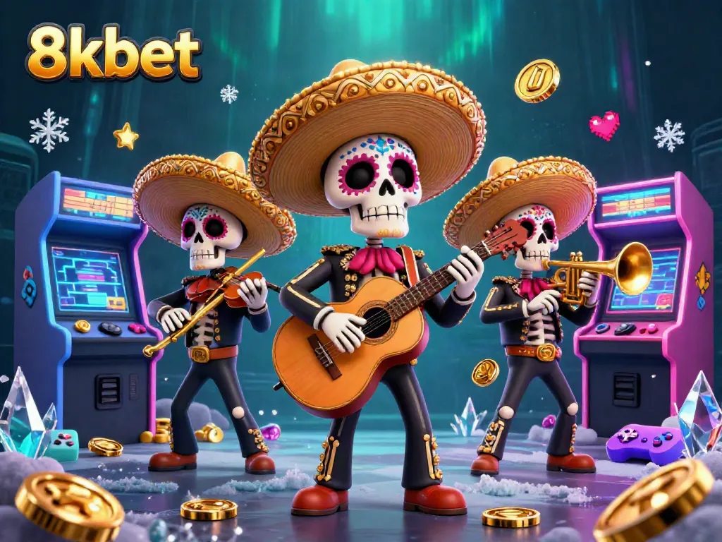 Engage with 8xbet casino fun through a vibrant mariachi band illustration and arcade games.