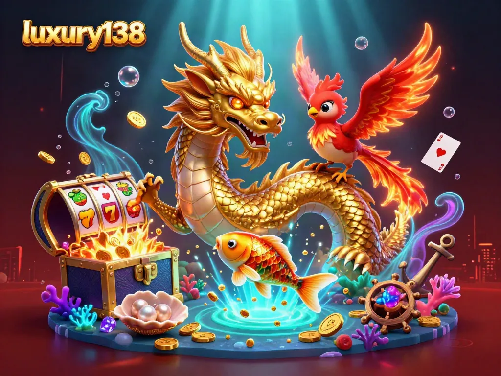 Experience the excitement of luxury138 with a vibrant casino scene featuring a golden dragon and coins.