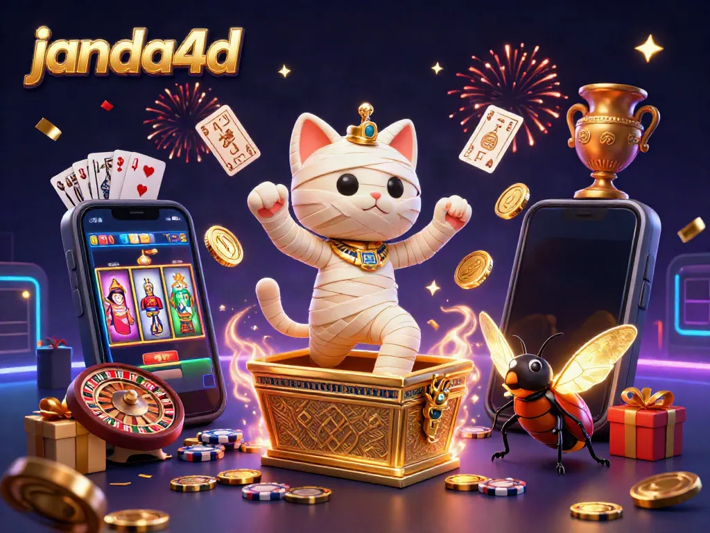 Gamer memutar slot di janda4d dengan mumi kucing dan scarab, suasana kasino memukau