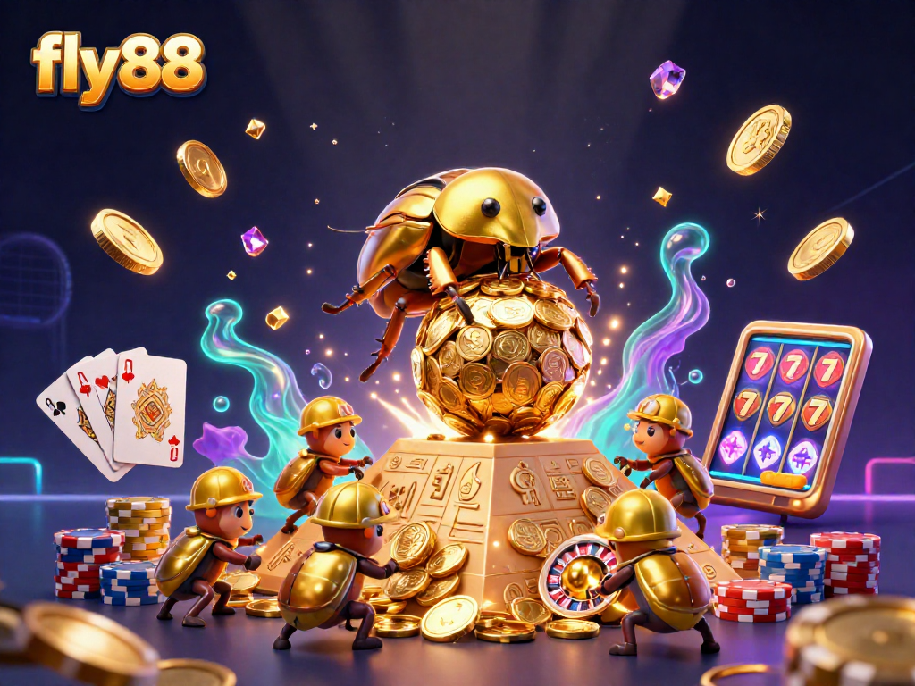 Experience the thrill of fly88 with a massive golden dung beetle rolling coins in a vibrant casino explosion.