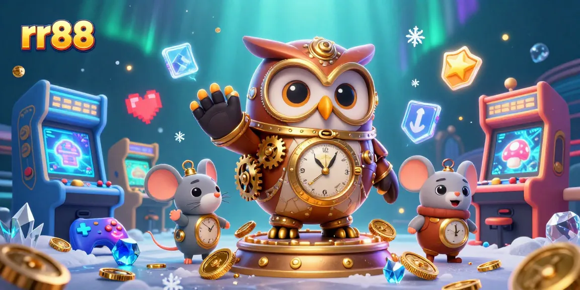 Experience thrilling gaming at rr88 with an owl and a mouse in a vibrant casino scene.
