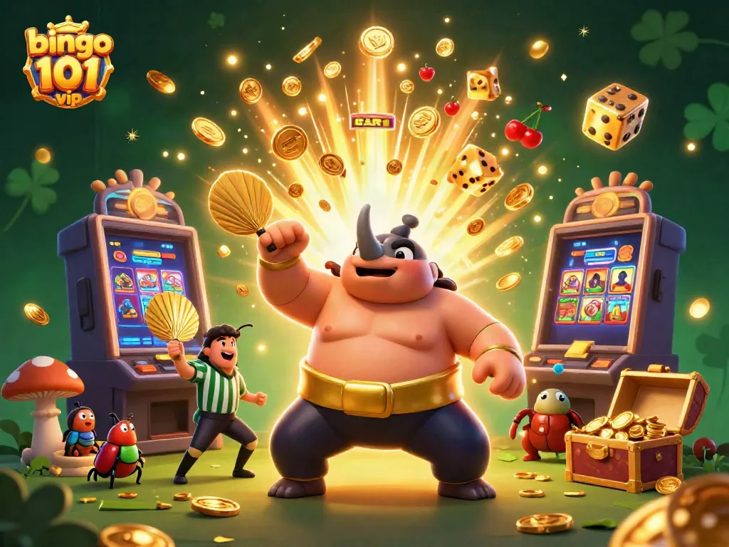 Menggambarkan bingo 101 vip dengan karakter kusuk rhinoceros dan mesin slot emas, aksi menangkap jackpot