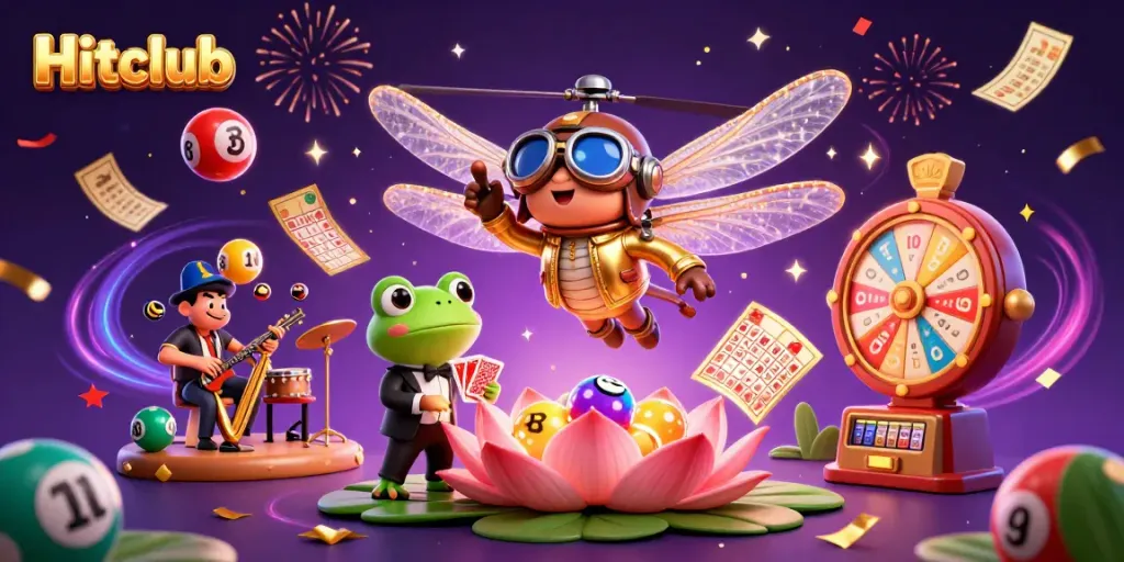 Experience the thrill of Hitclub with a vibrant casino scene featuring a dragonfly pilot and a frog croupier.