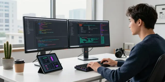 Developer menggunakan diana4d dalam ruang kerja modern dengan fokus pada coding dan data analitik.