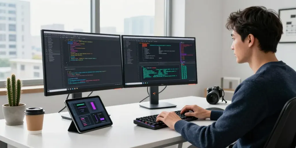 Developer menggunakan diana4d dalam ruang kerja modern dengan fokus pada coding dan data analitik.