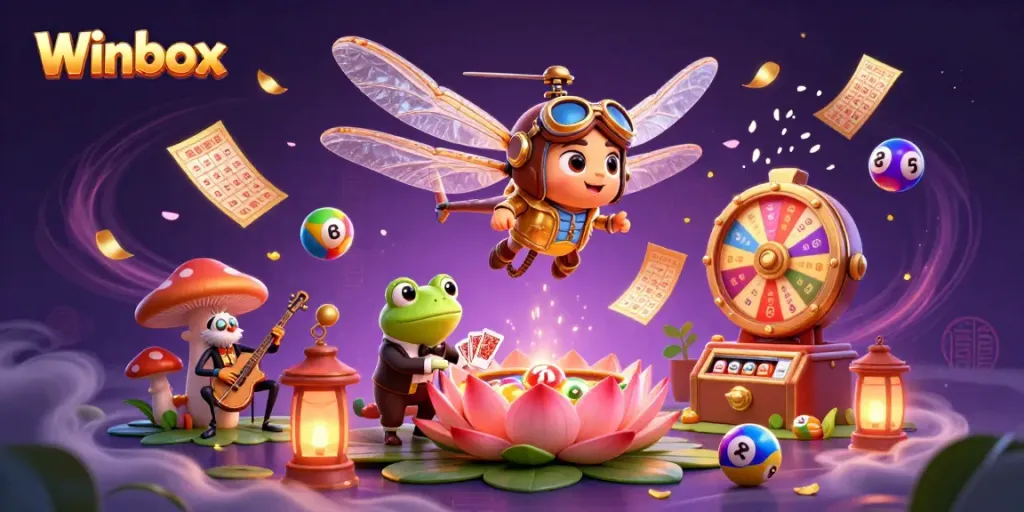 Winbox showcases a dynamic casino scene with a frog croupier and colorful lottery balls.