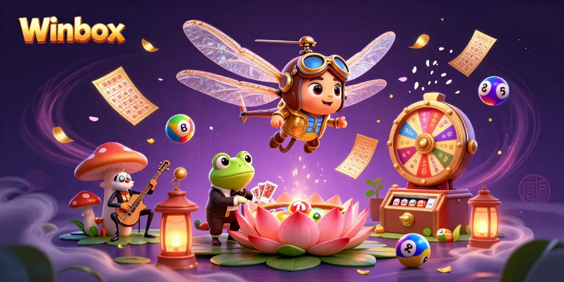 Winbox showcases a dynamic casino scene with a frog croupier and colorful lottery balls.
