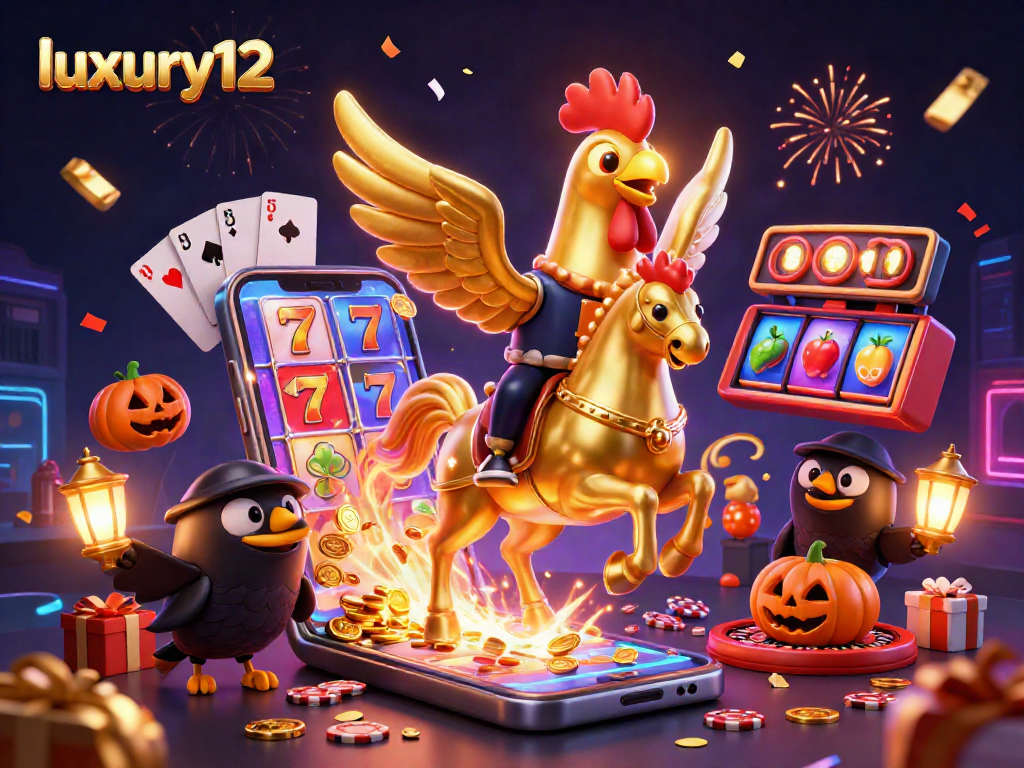 Experience the thrill of luxury12 gaming with a vibrant, cartoonish casino scene featuring a golden rooster and explosive slot game action.