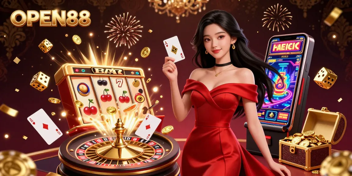 Experience the excitement of OPEN88 with a glamorous casino scene showcasing roulette, slots, and festive elements.