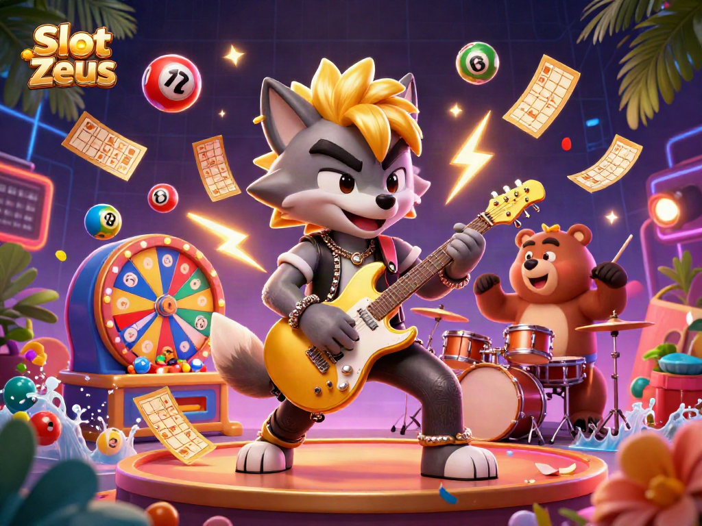Experience Slot Zeus action with vibrant casino elements, including a rock star wolf and drummer bear.
