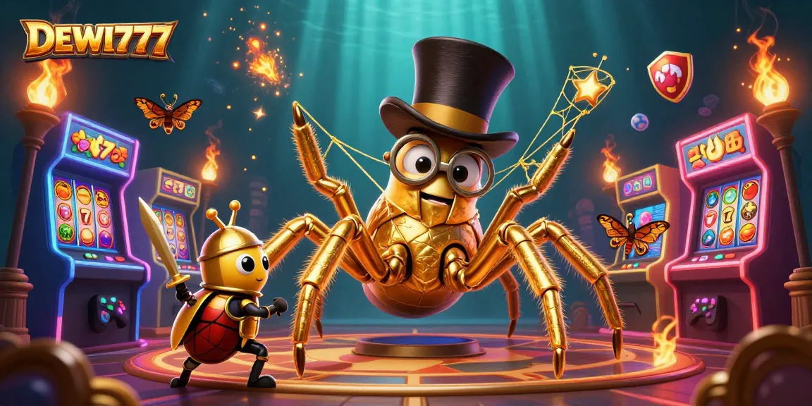 Experience DEWI777's thrilling gaming action with vibrant slot reels, a golden tarantula, and engaging characters.