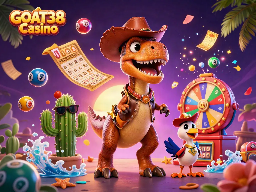 Experience the excitement of GOAT38 Casino with vibrant lottery elements and dynamic characters.