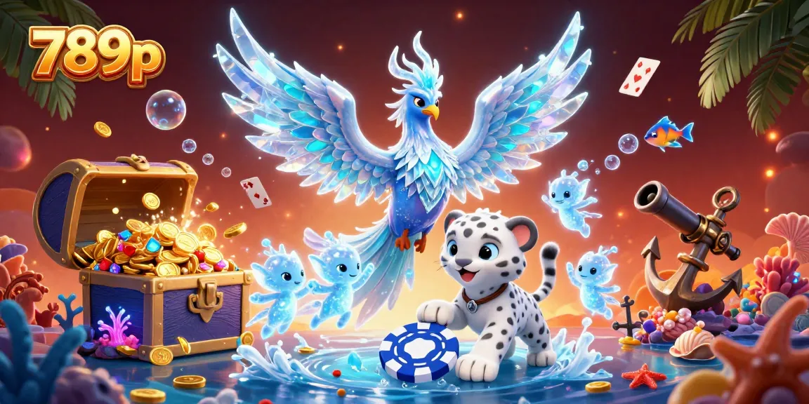 Feel the thrill at 789p as the ice phoenix dances amidst poker chips and treasures in this vibrant casino illustration.