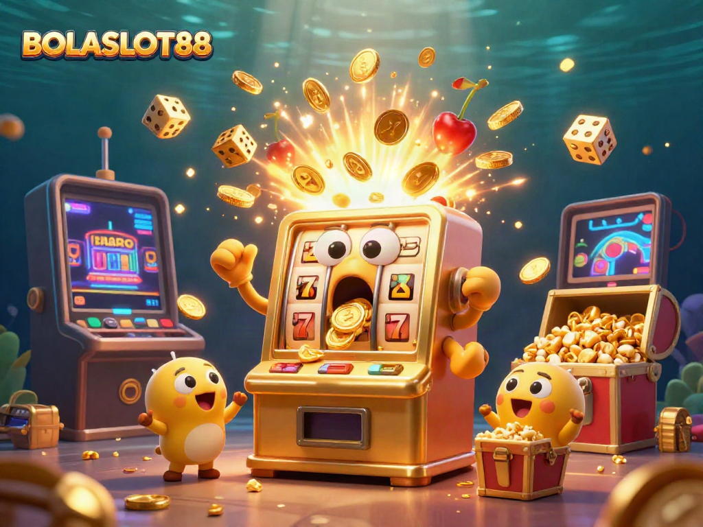 BOLASLOT88 showcases a dynamic 3D slot machine scene with coins pouring from the jackpot and baby machines cheering.