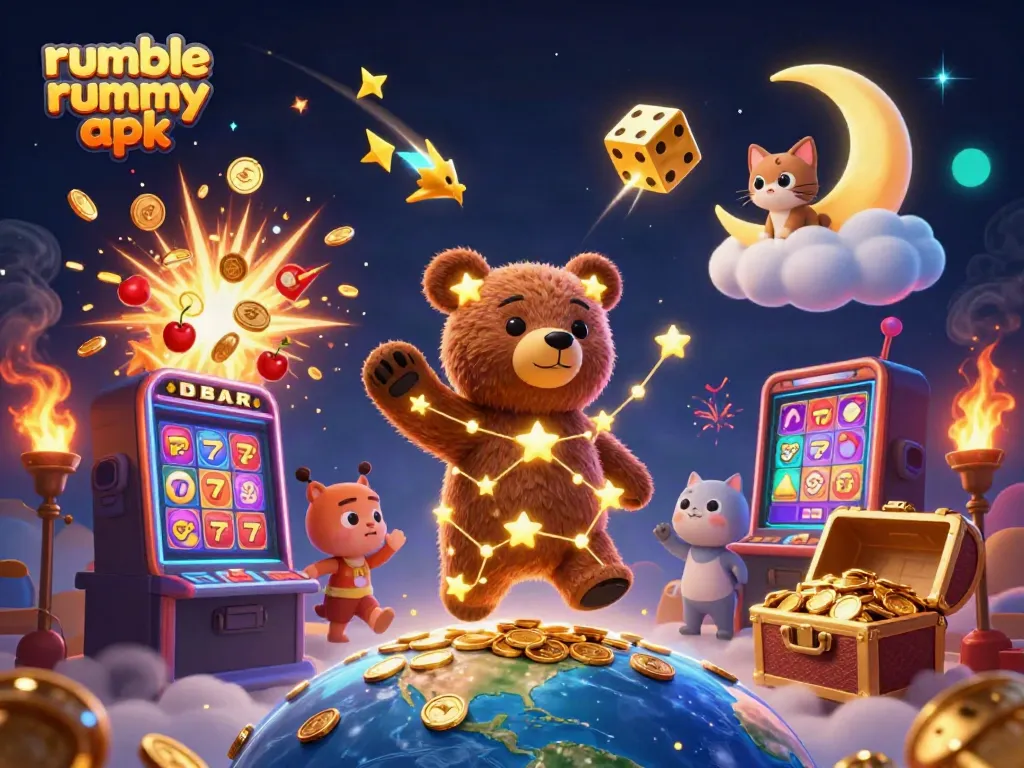 Play with the Rumble Rummy APK in this vibrant casino-themed illustration full of excitement and winnings.