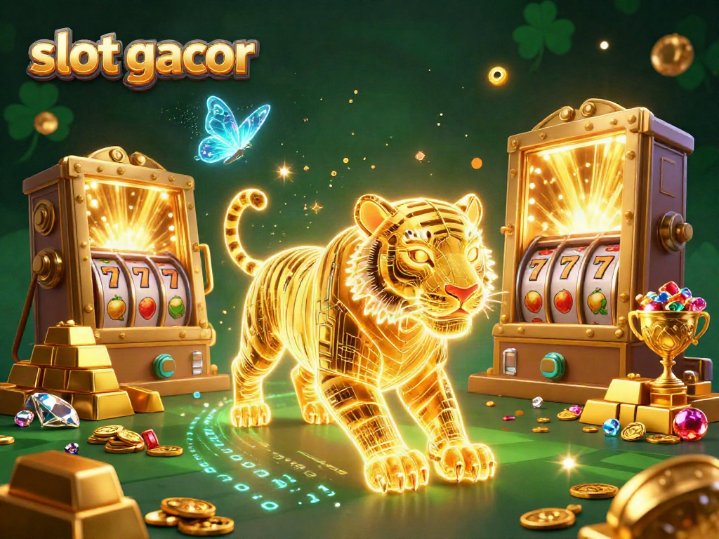 Simbol keberuntungan slot gacor dikelilingi karakter dan perhiasan berkilau di kasino digital.