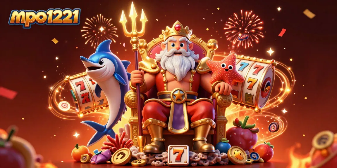 Gali jackpot dengan mpo1221, raja laut bersama simbol slot di latar belakang yang meriah.