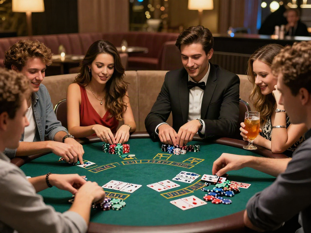 Group of friends enjoying unsurtoto while playing games and sharing drinks in a stylish gaming environment.