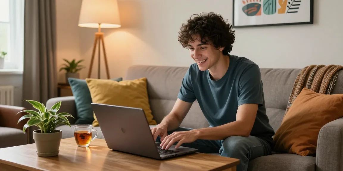 Engaging scene of a user chatting in شات تعب, cozy living room setting with laptop and tea.