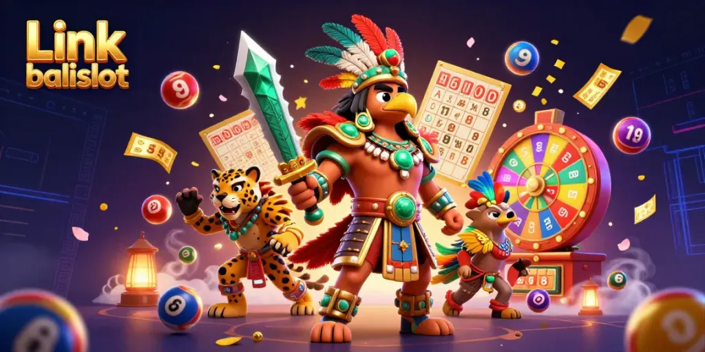 Experience the excitement of Link balislot with colorful lottery elements and dynamic characters in a vibrant casino scene.
