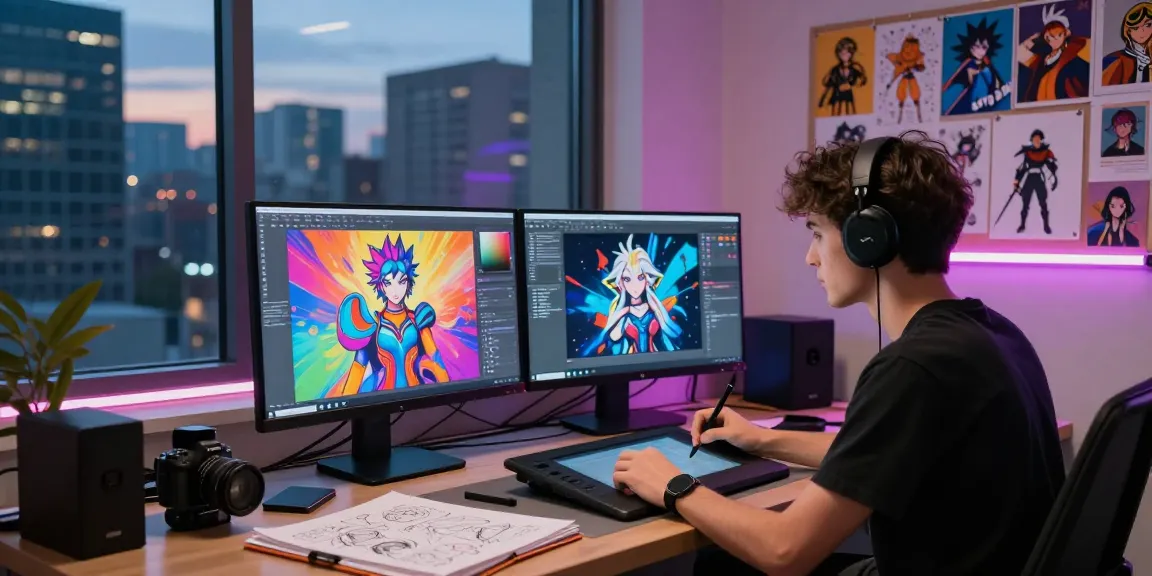 Create stunning NSFW AI art in an artist's vibrant digital studio with dual monitors and creative tools.